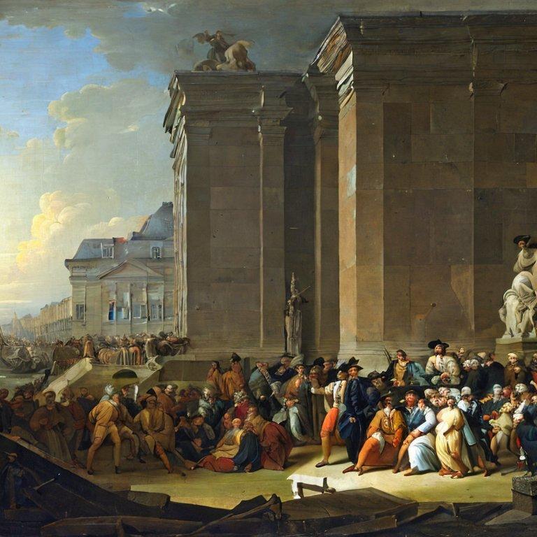 A large group of people having a vigorous discussion in the public square, in the style of Jacques-Louis David, by Stable Diffusion A large group of people having a vigorous discussion in the public square, in the style of Jacques-Louis David, by Stable Diffusion